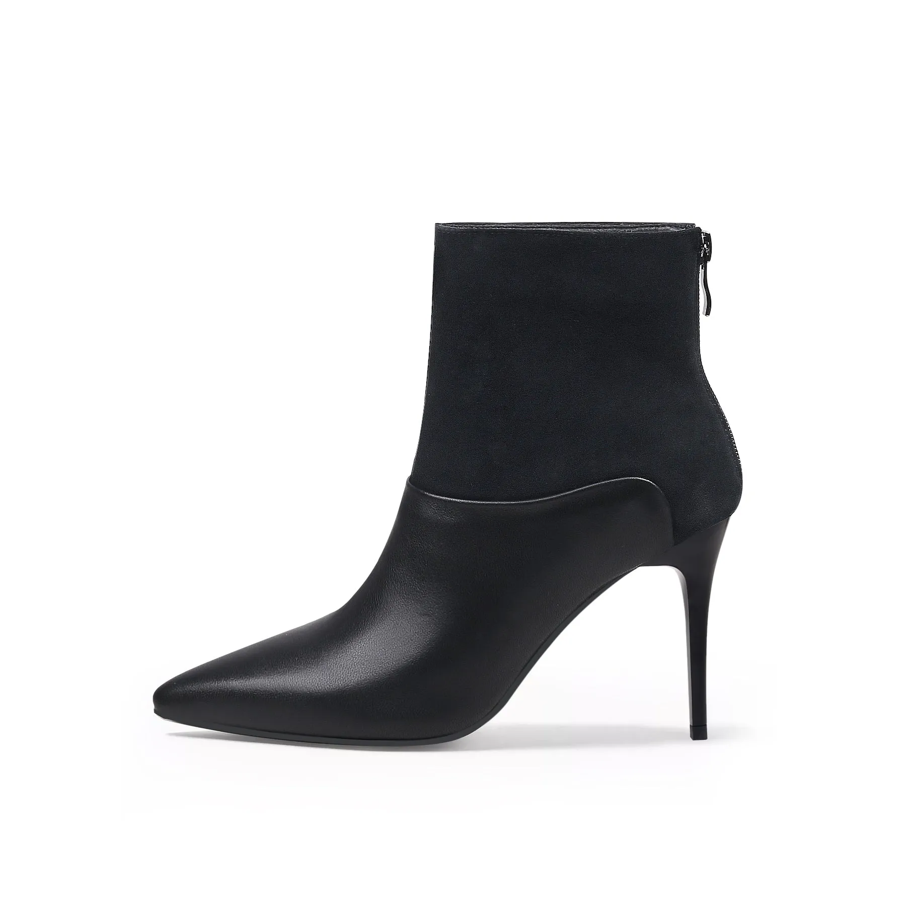 Suede Shaft Leather Stiletto Bootie - Black