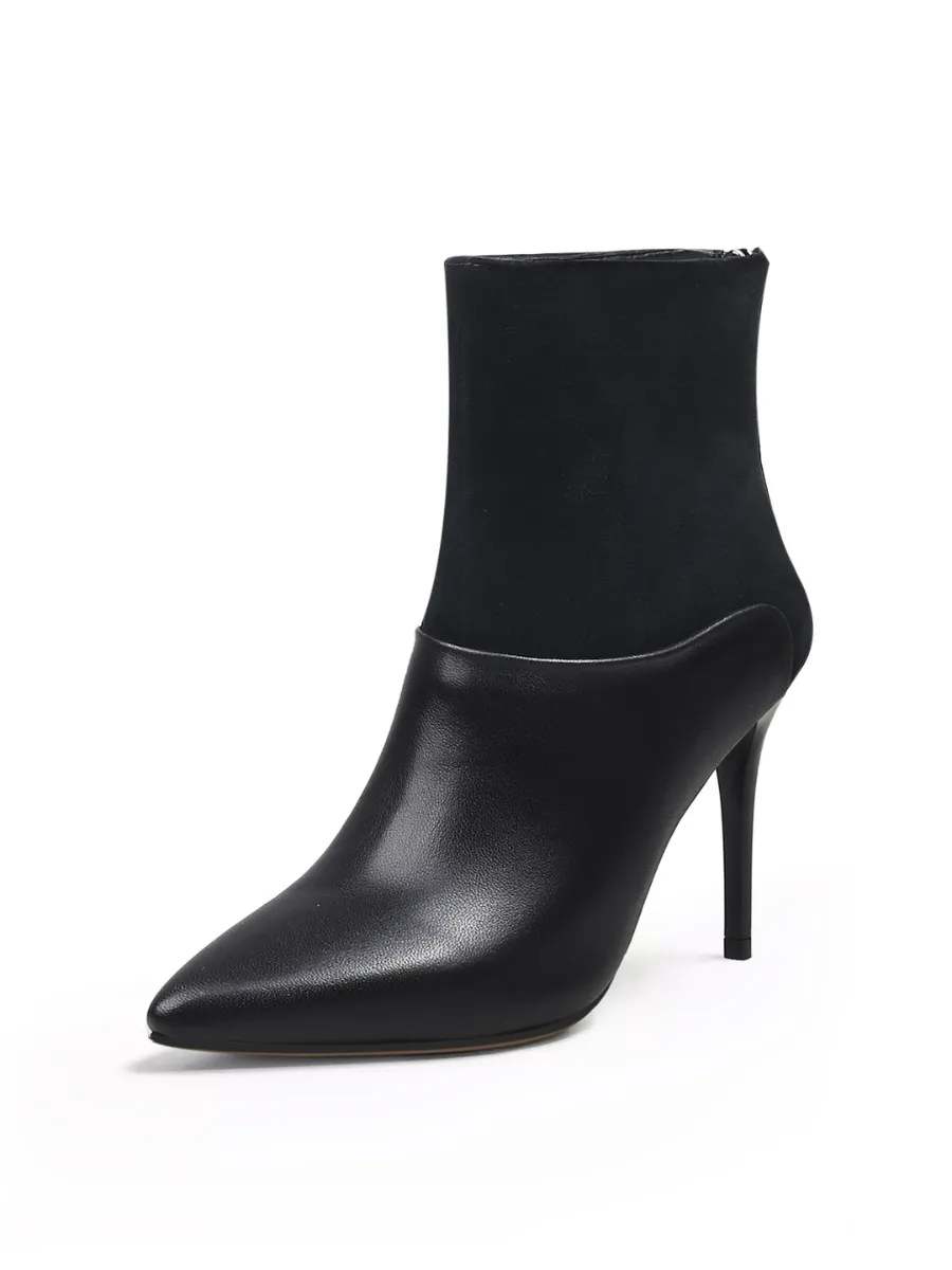 Suede Shaft Leather Stiletto Bootie - Black