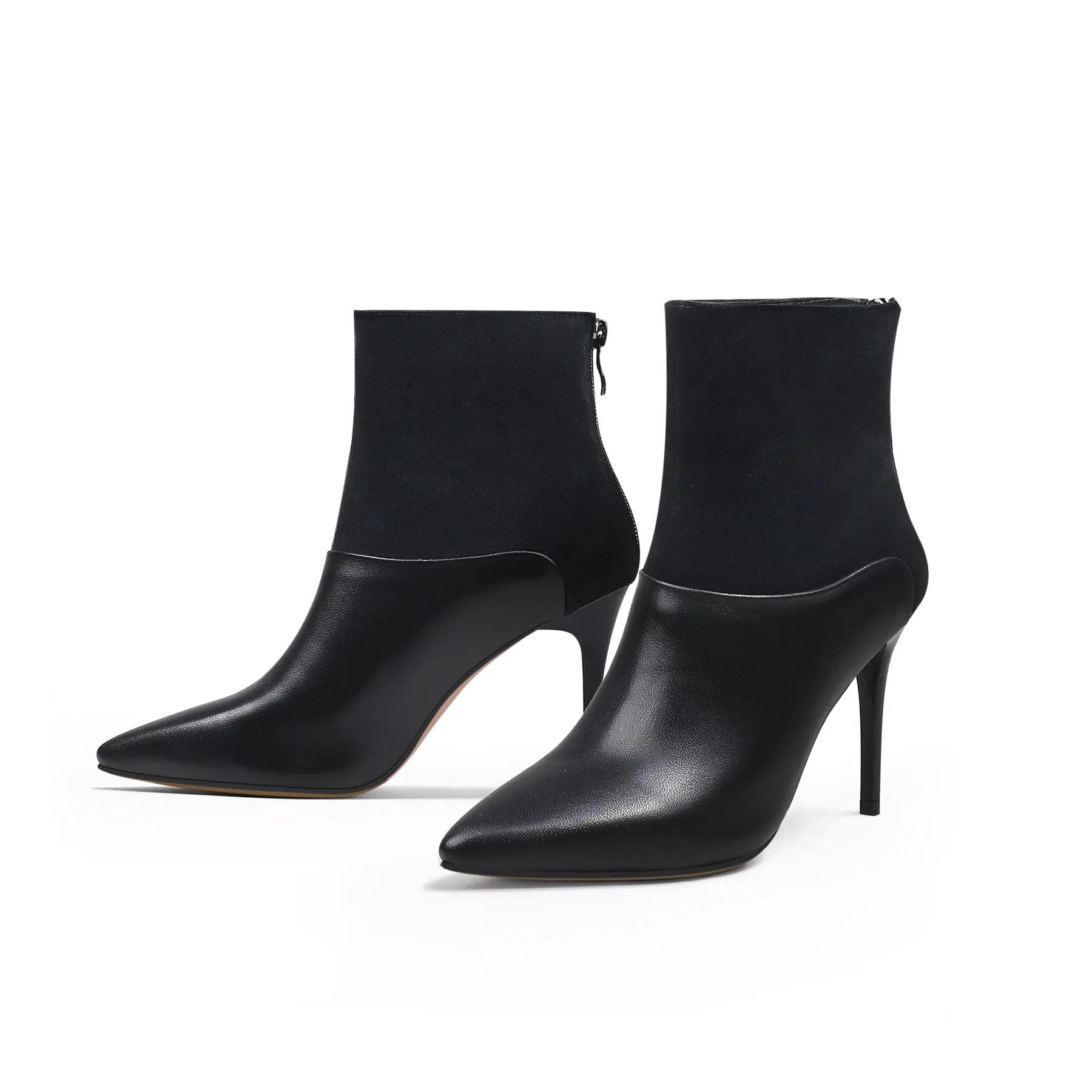Suede Shaft Leather Stiletto Bootie - Black