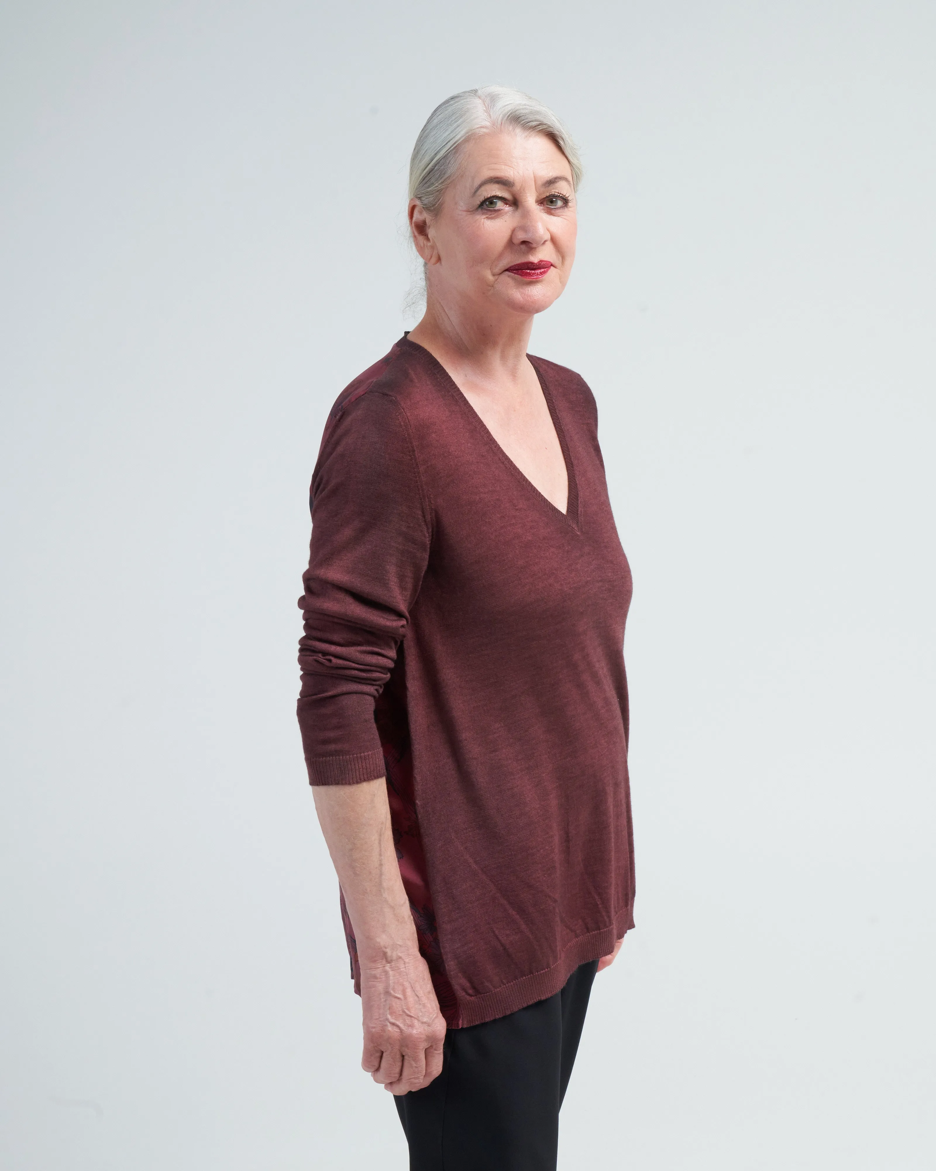 v neck pullover with vintage one of a kind foulard on back - n/henne