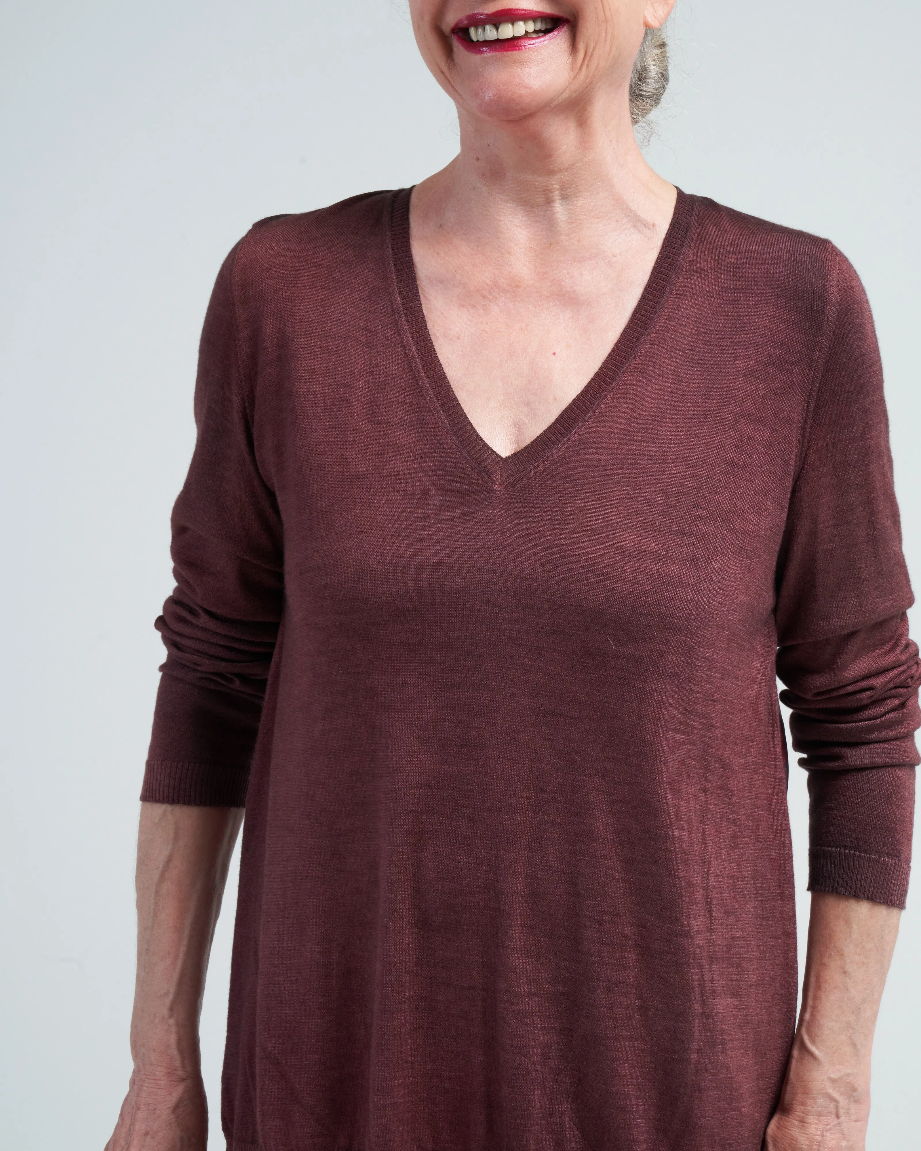 v neck pullover with vintage one of a kind foulard on back - n/henne