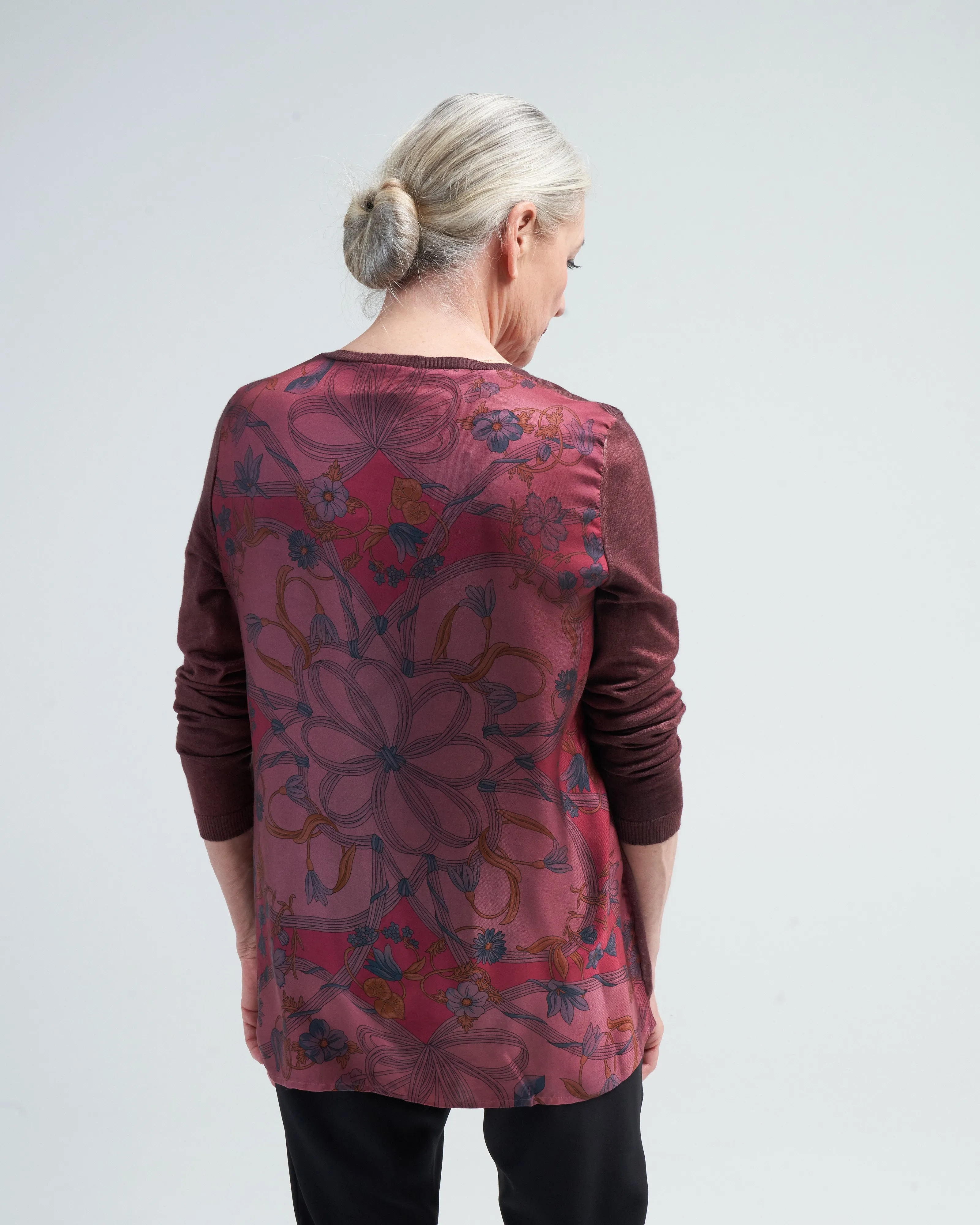 v neck pullover with vintage one of a kind foulard on back - n/henne