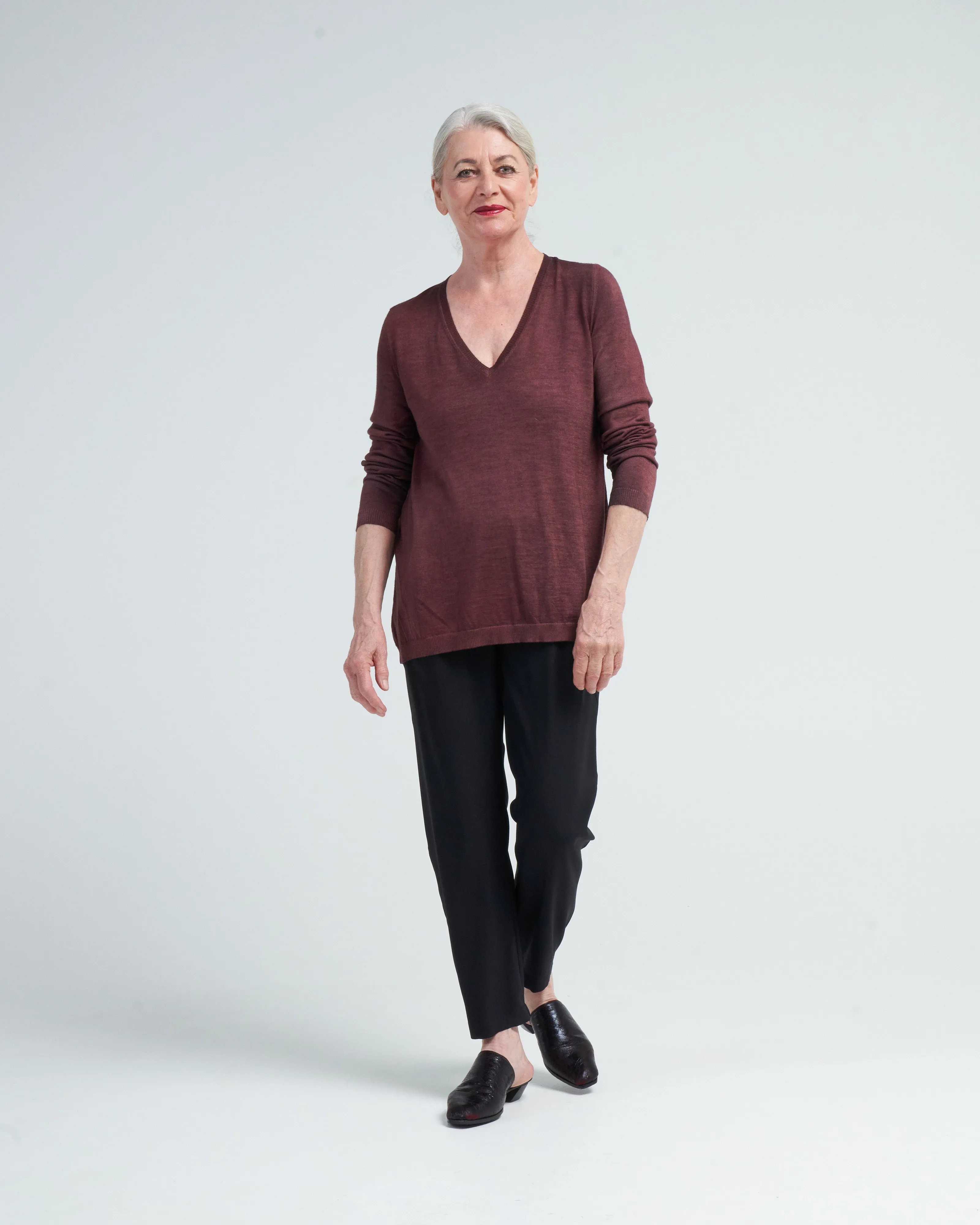 v neck pullover with vintage one of a kind foulard on back - n/henne