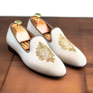 White Suede Embroidery Work Peshawari Loafers | Wedding Shoes for Groom | Shoes for Haldi Mehendi Sangeet
