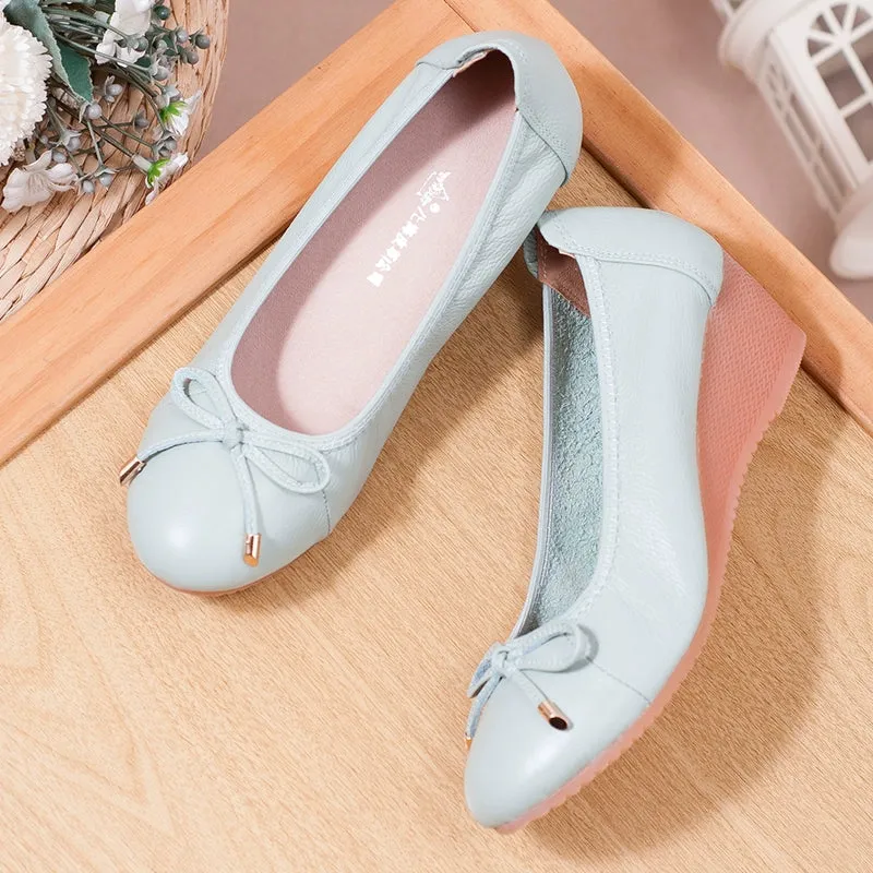 Women Genuine Leather Foldable Flats Soft Sole Non-Slip Loafers for Moms Plus Size