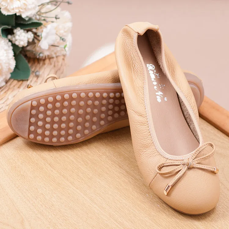Women Genuine Leather Foldable Flats Soft Sole Non-Slip Loafers for Moms Plus Size