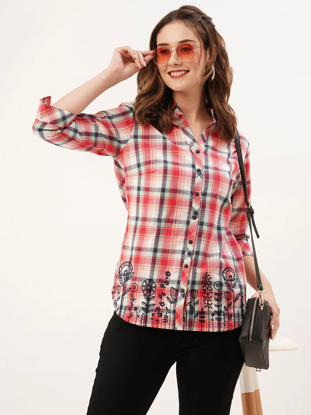 ZOLA Collar Neck Cotton All Over Checked Print 3/4th Sleeves MultiColor Straight Top For Women