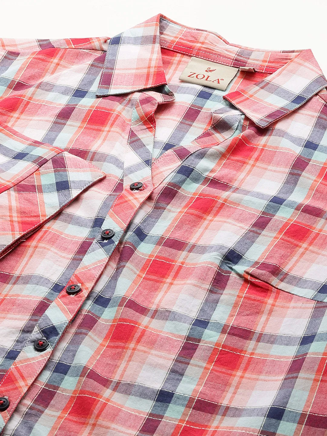 ZOLA Collar Neck Cotton All Over Checked Print 3/4th Sleeves MultiColor Straight Top For Women