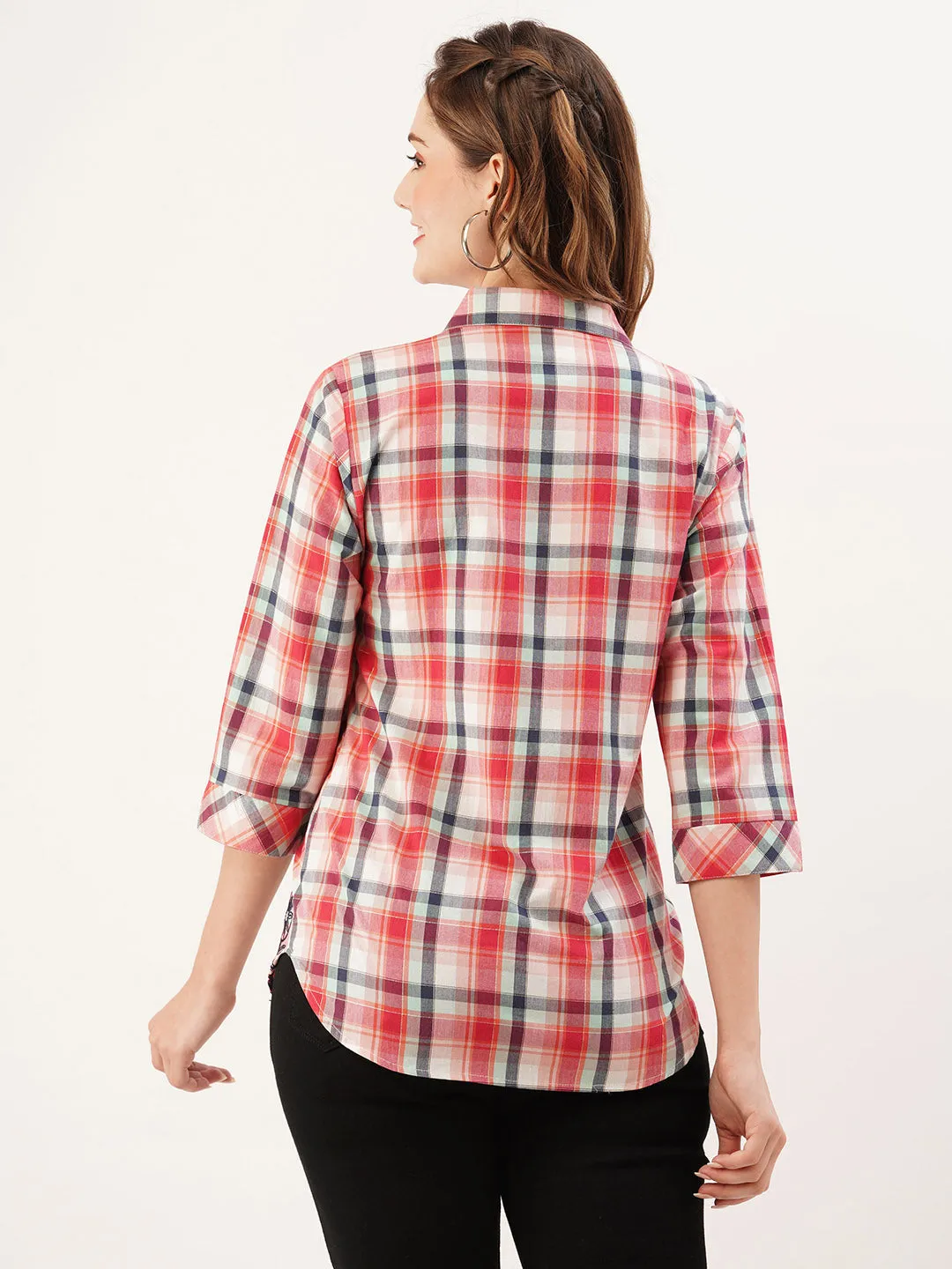 ZOLA Collar Neck Cotton All Over Checked Print 3/4th Sleeves MultiColor Straight Top For Women