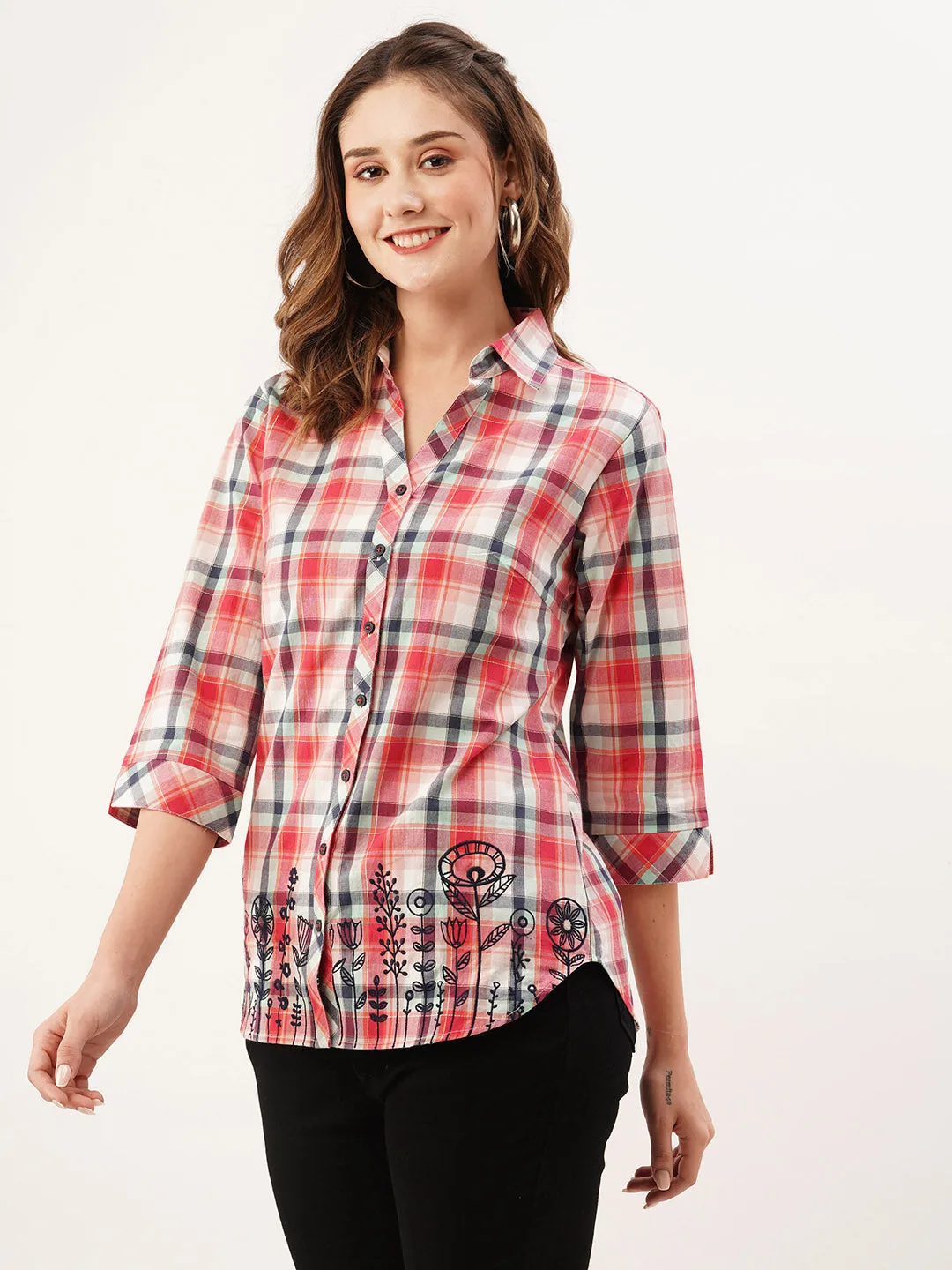 ZOLA Collar Neck Cotton All Over Checked Print 3/4th Sleeves MultiColor Straight Top For Women