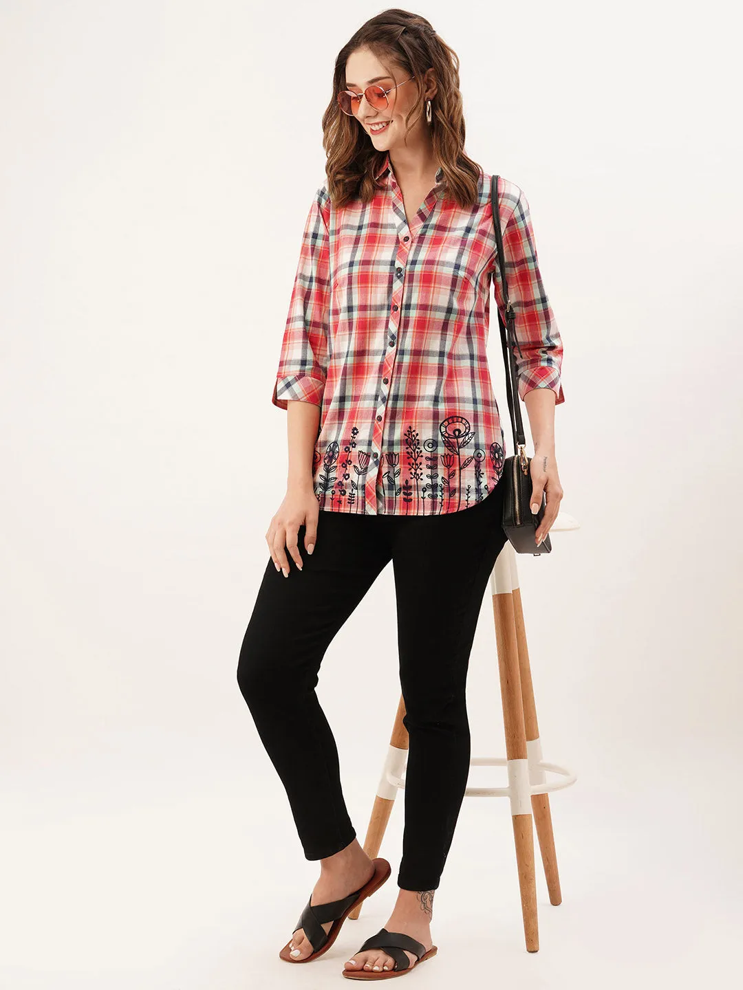 ZOLA Collar Neck Cotton All Over Checked Print 3/4th Sleeves MultiColor Straight Top For Women